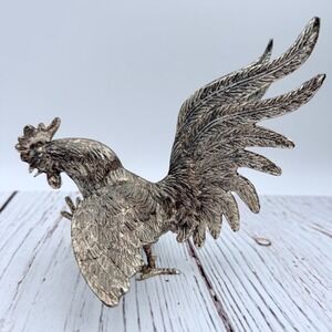 Vintage EM Silver Tone Metal Rooster‎ Figurine Farmhouse Decor
